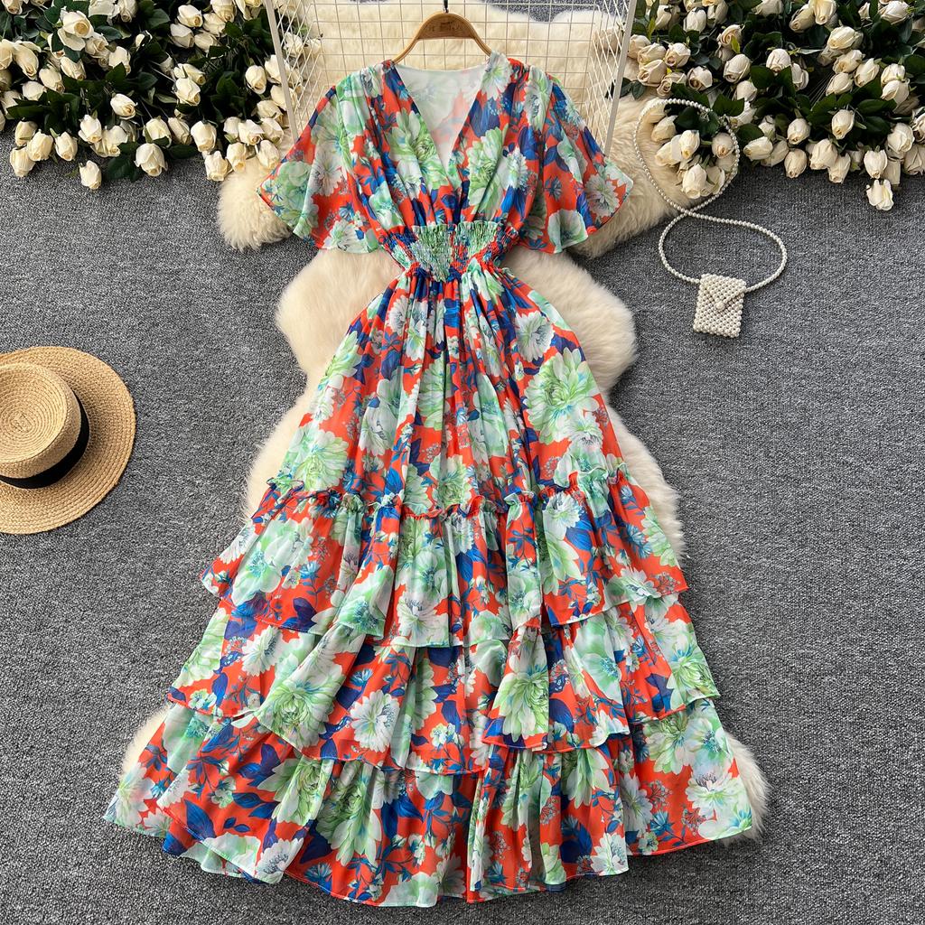 Retro V-Ausschnitt Schmetterlingsärmel Druck Chiffon Elegantes Sommerkleid A-Linie Schlagärmel Urlaubsdruck Damenkleider