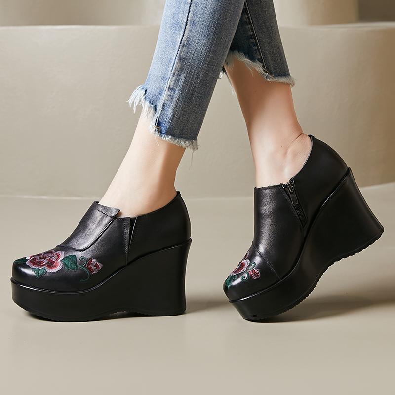 GKTINOO Fait Main Rétro Chaussures Femme Bout Rond Talons Compensés Augmentant la Hauteur 9cm Chaussures Décontractées Dames Mocassins à Plateforme en Cuir Véritable