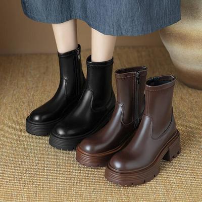 Herbst- und Winterleder mittelhohe Stiefel Damen dicksohlige rutschfeste Übergrößen Lederstiefel hochhackig runde Spitze koreanische Version neu schwarz k