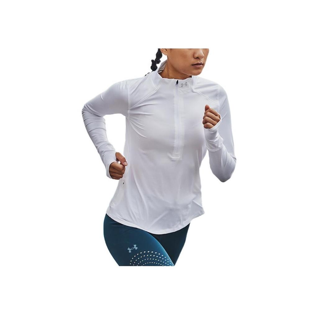 Under Armour Casual Sports Half-Zip Running Training Long Sleeve T-Shirt Women Tops White 1365632-100