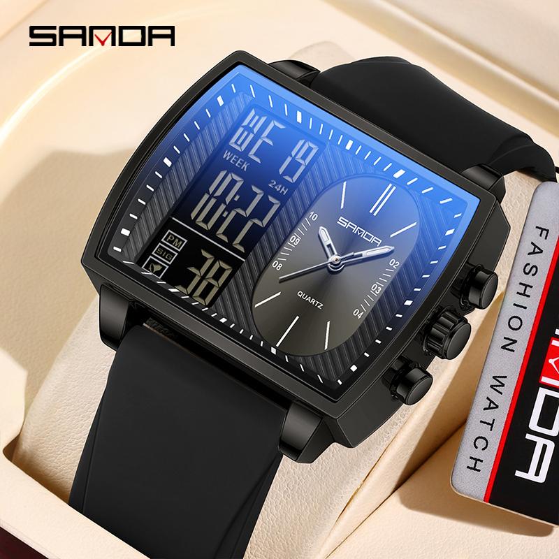 SANDA 6238 Silicone Watch With Large Dial Dual Display Multifunctional Waterproof LED Luminous Men's Electronic Watch