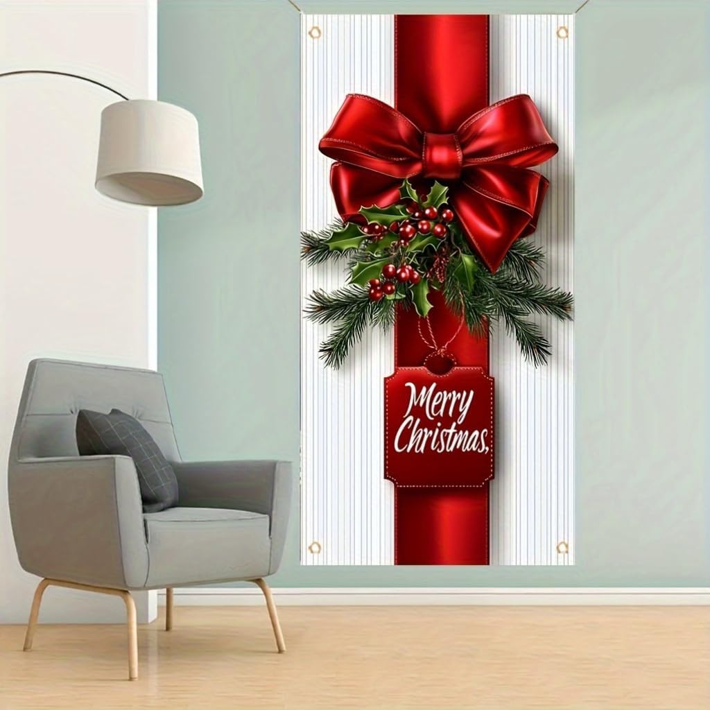 ChristmasDoor Cover Banner 71x35 Inch Red Bow and Holly Decoration for Front Door Holiday Indoor Outdoor Home Decor