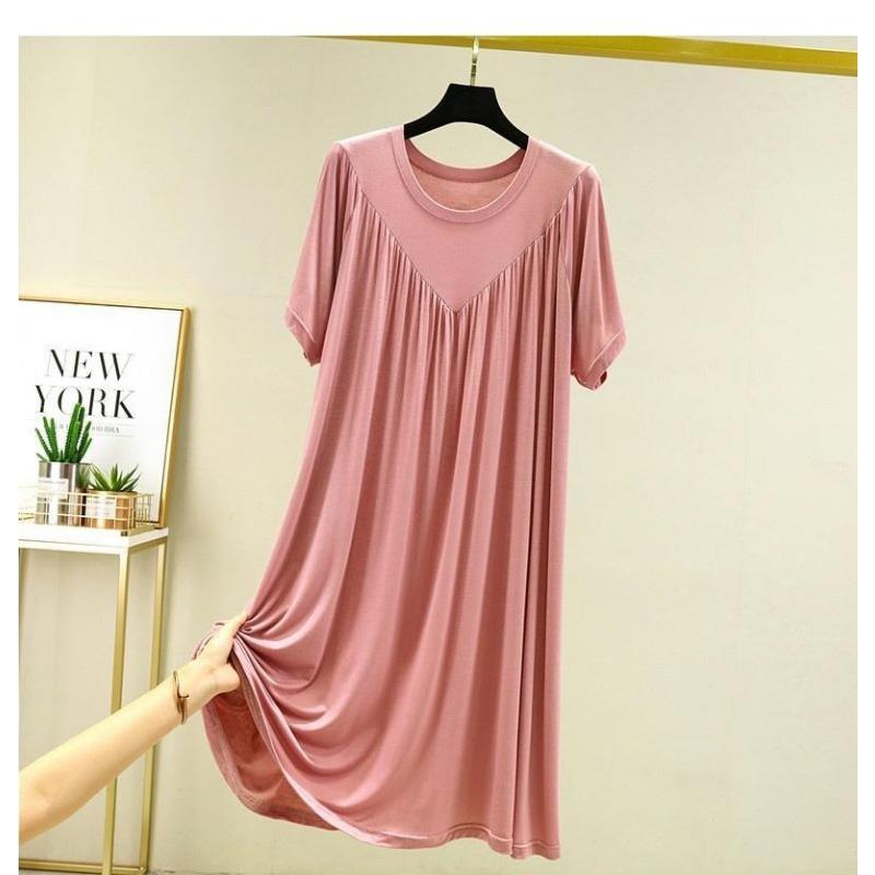 

Летнее свободное платье с коротким рукавом и круглым вырезом Новая корейская мода Универсальное однотонное плиссированное платье-ночная рубашка для женщин Элегантная повседневная одежда M розовый