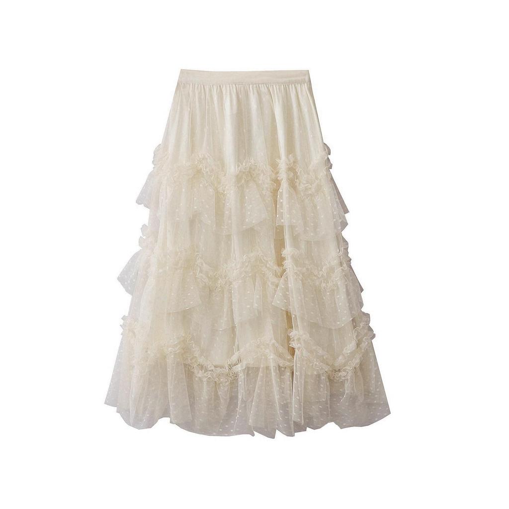 Irregular Wood Ear Lace Polka Dot Mesh Skirt – Women's Autumn/Winter French Style Fluffy Long Cake Skirt