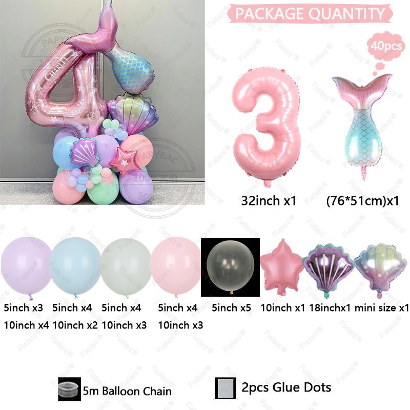40pcs Gradient Mermaid Tail Shell Balloon 32inch Pink Numbers 1-9 Birthday Balloon Set Ocean Themed Party Decoration Photo Props