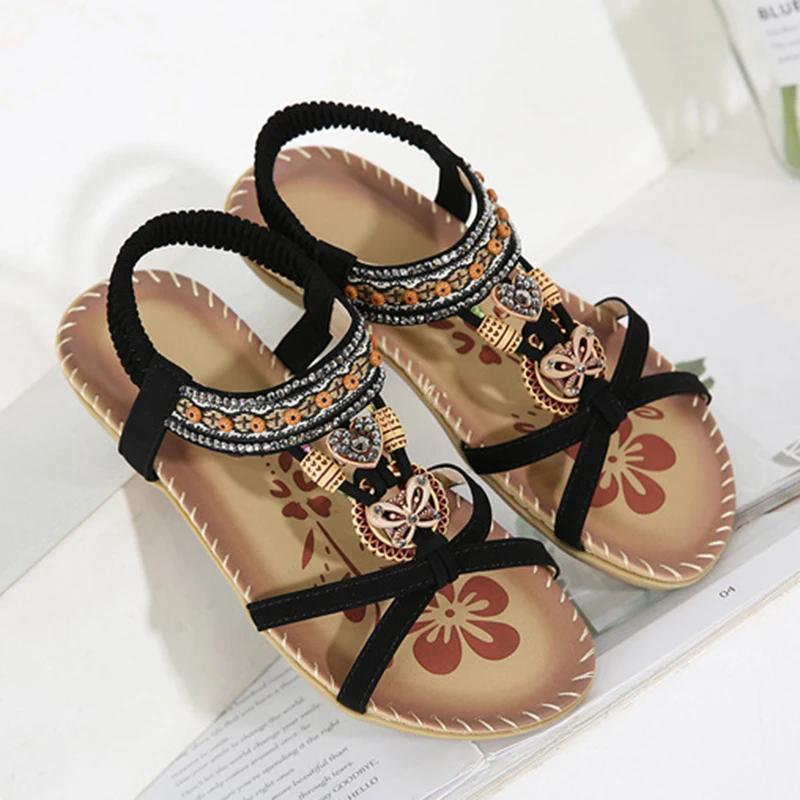 Fashion Floral Diamond Bohemian Sandals for Women Summer 2025 Crystal Beaded Flat Sandalias Mujer Lightweight Non Slip Beach Shoes Woman