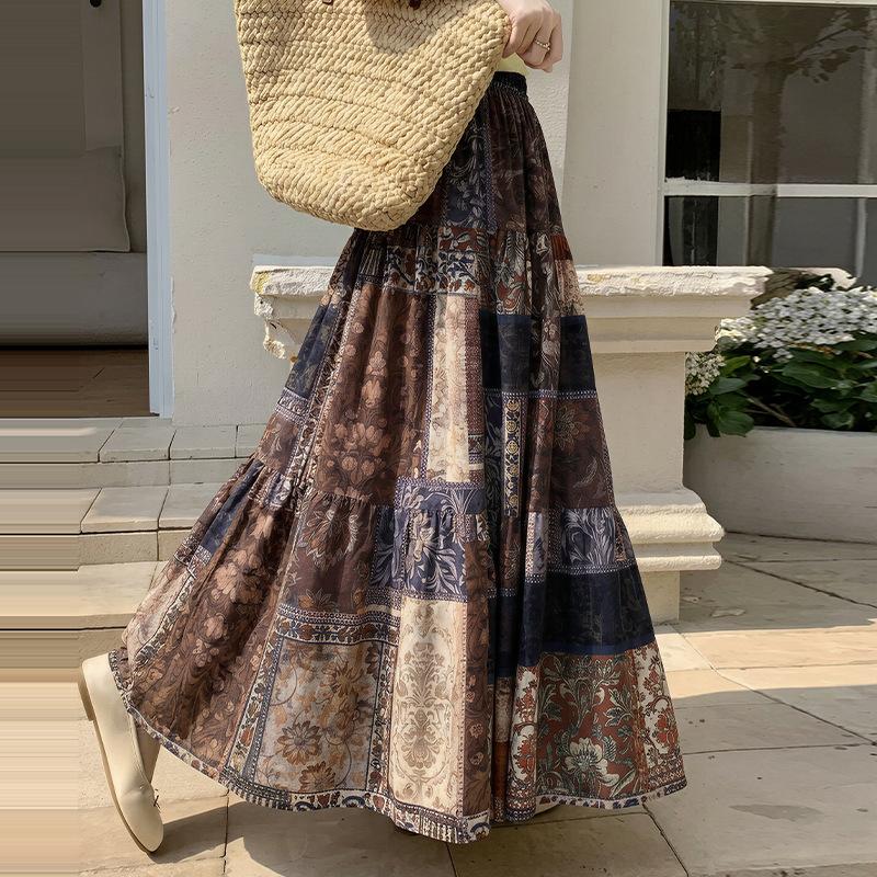 Summer Retro Printing Temperament Medium and Long Loose Big Swing Skirt Women Trendy Warm Orange Abstract Print Tiered Cake Skirt
