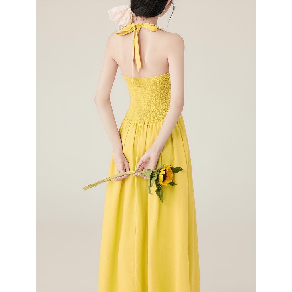 Summer vacation style bow strap waist thin sleeveless neck long dress