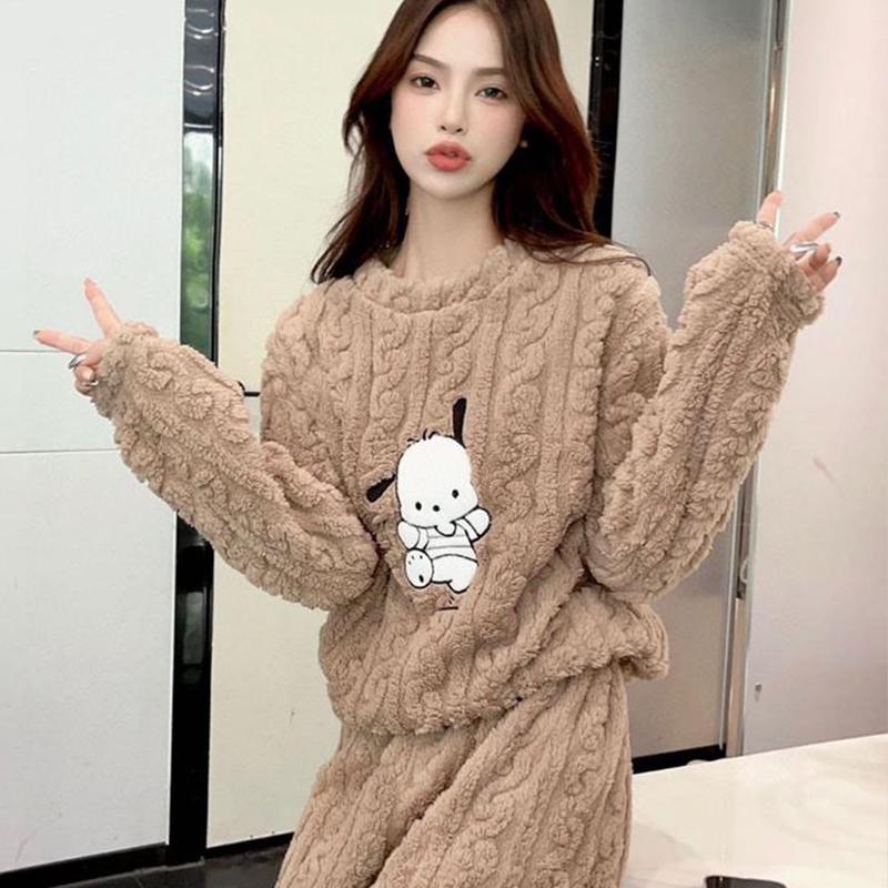 Thermal Fur Suit Women's Coral Fleece Pajamas Plus Velvet Thickened Sweet and Cute Warm DOG Long-sleeved Homewear Suit