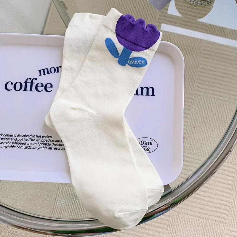 Women Socks Korean Japanese Style Cartoon Green Flower Harajuku Cute Kawaii Mid Tube Socks Breathable Casual Short  Cotton Socks