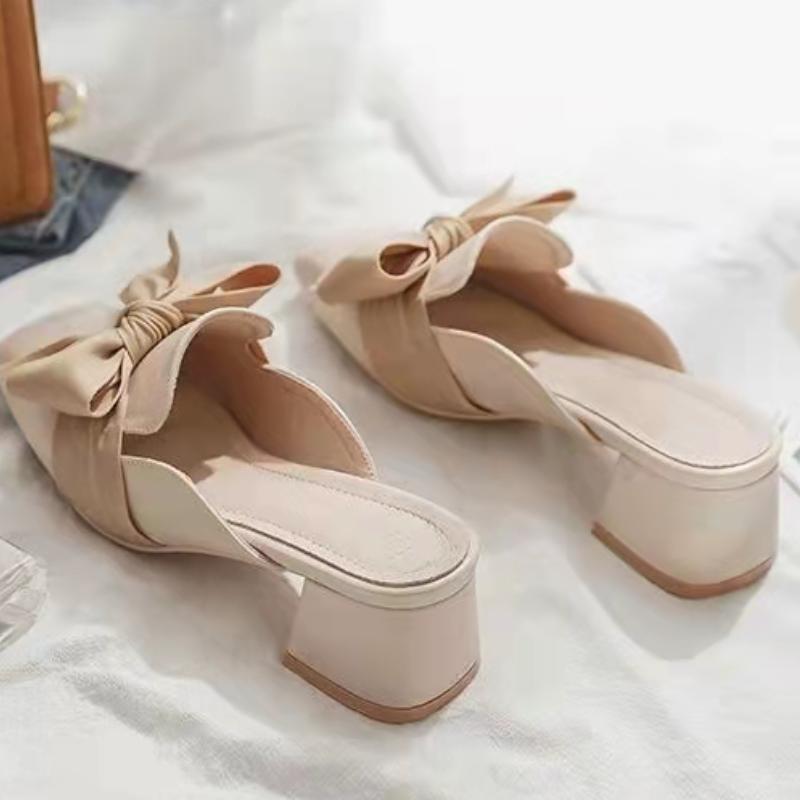 Fashion Cover Toe Half Slippers for Women's Flat Shoes Fashion Casual Bowknot Square Heel Slingback Slip-On Outdoors Slipper