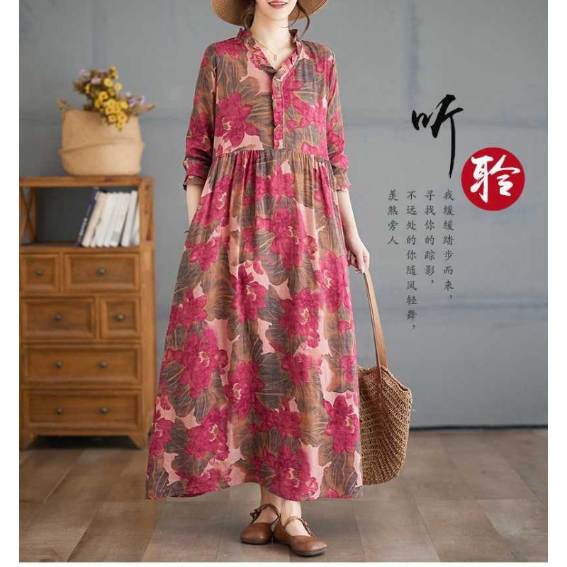 Printed Loose Belly Shading Mulle Lace Long Sleeve Hem Long Dresses