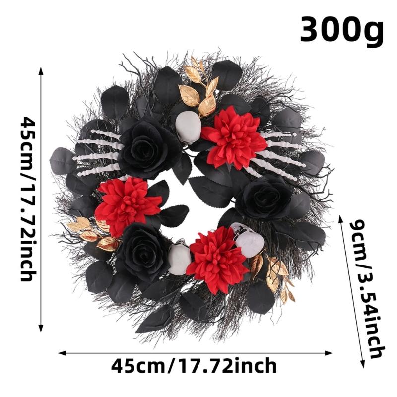 Decorative Halloween Door Wreath, Bone Hand and Skull Flower Wreath 45CM for Front Door Porch Placement, Table Display, Window Framing, and Holiday