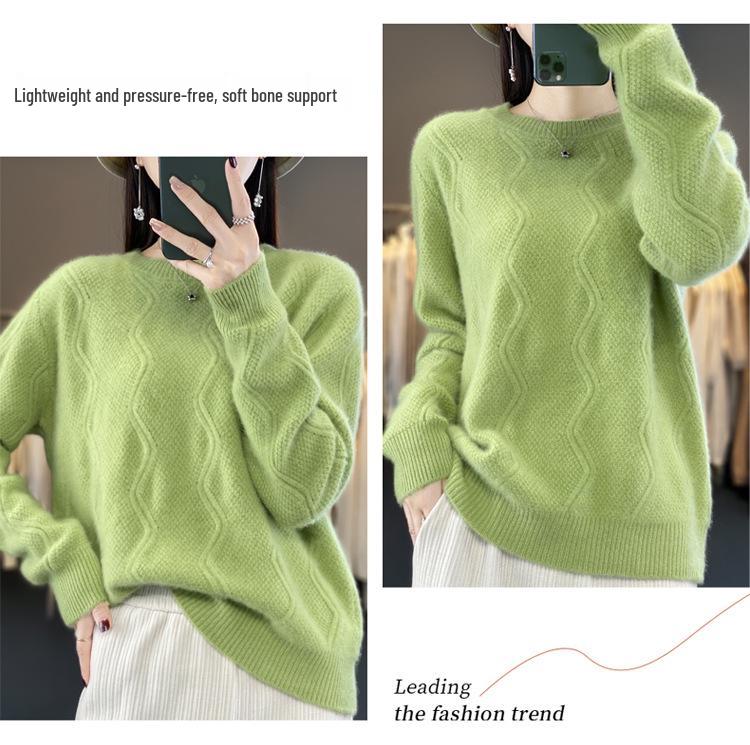 Women's Thickened Autumn-Winter Cable Knit Wool Sweater – Round Neck Cashmere Pullover.