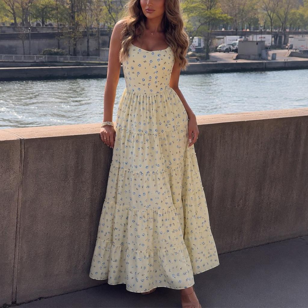 European and American Women's Clothing 2026 Summer New Fresh and Sweet Wind Floral Suspender Backless High Waist Pendulum Dress