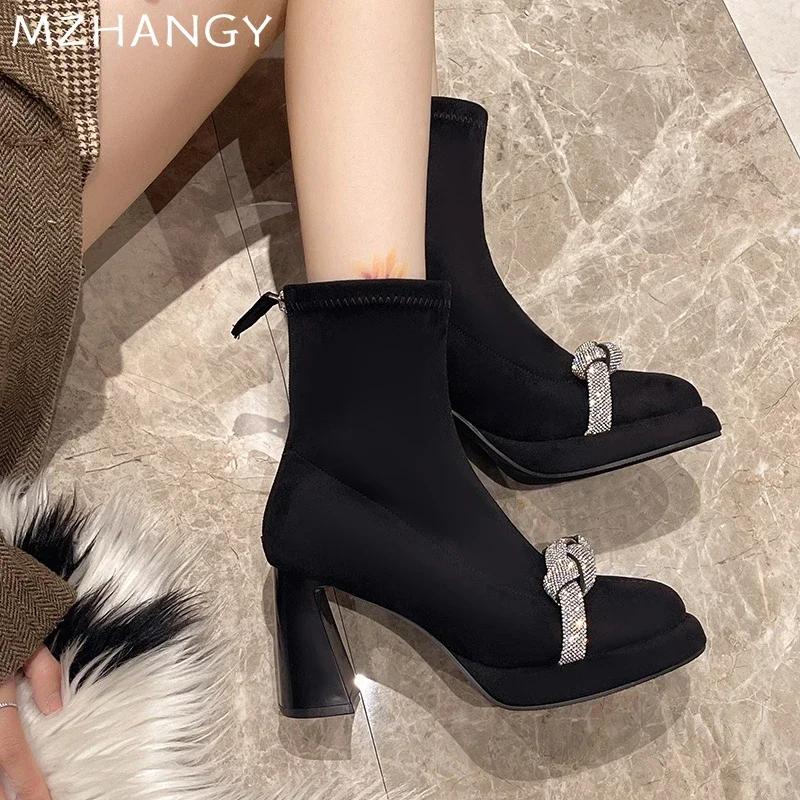 Mode Hohe Absätze Kristall Damen Stiefeletten Wildleder Sexy Klobige Schuhe Frau 2025 Trend Elegante Chelsea Boots Pumps Neu Winter Mujer Botas