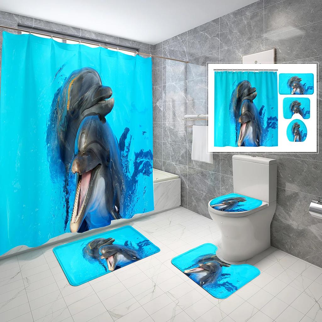 4 Sets Dolphin Shower Curtain Sets With Non-Slip Bath Mat,Toilet Lid Cover And Ocean Animals Blue Sea World Shower Curtain Set