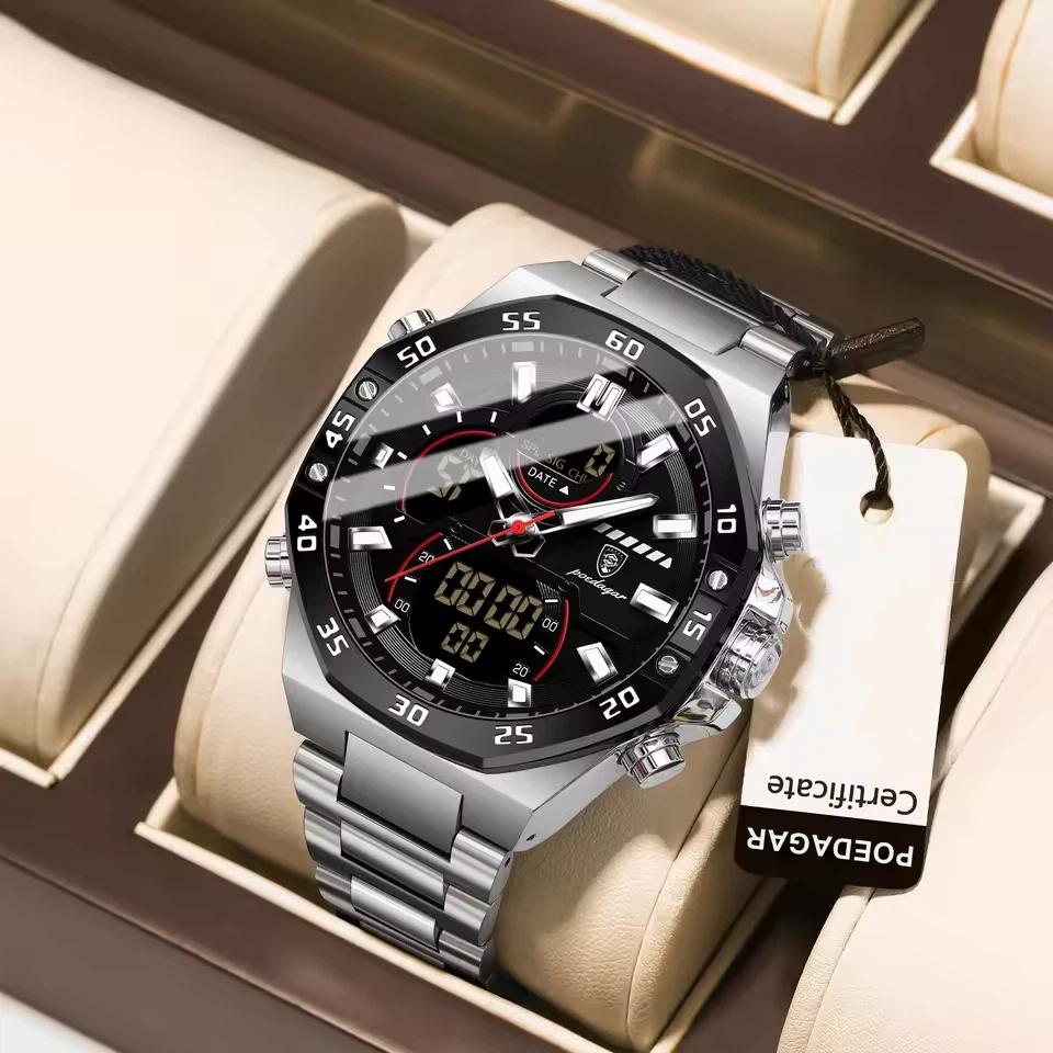 

POEDAGAR Top Sport Men Clock LED Luminous Waterproof Week Date Watch Electronic Stainless Steel Fashion Quartz Watches