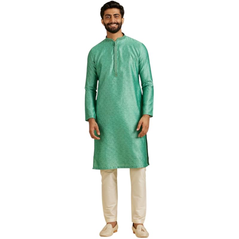 Manyavar Men's Art Silk Intricate Prints & Neck Detailing Kurta Pyjama Set (Green,3XL)