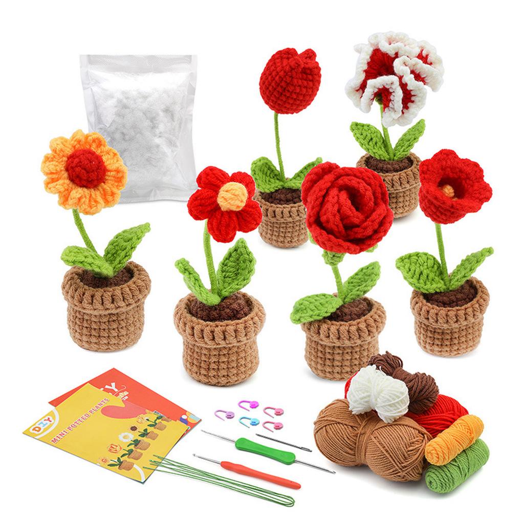 DIY Crochet Craft Set Crochet Potted Plant Kits with Crochet Hook, Yarns, Needle, Instructions, Accessories for Beginner