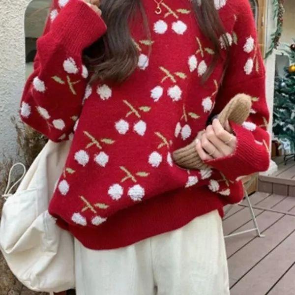 

Женский свитер с вишневой вышивкой, с круглым вырезом, с длинным рукавом, вязаный, зимний, свободный, повседневный, модный пуловерный топ onesize красный
