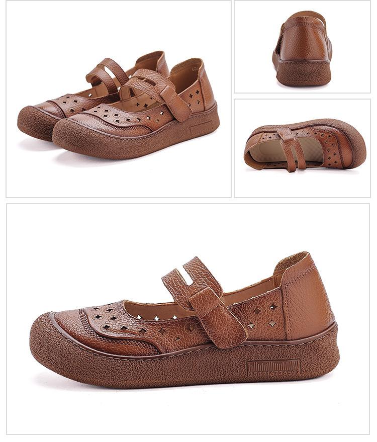 Neue Naturleder-Ortho-Sandalen für Damen Sommer Aushöhlen Flats Schuhe ältere Frau Mary Jane Slipper Riemen Slipper Mokassin