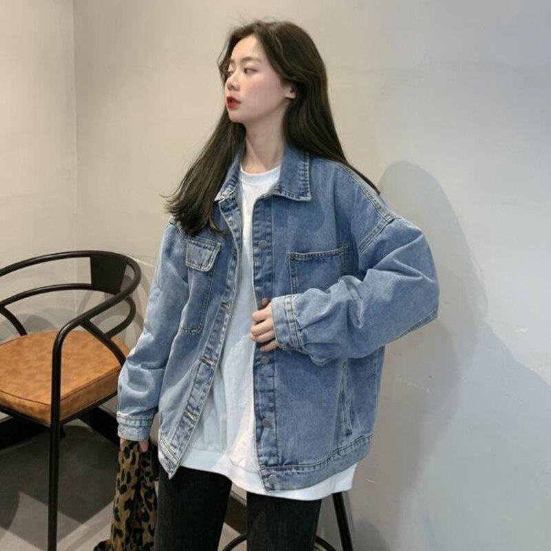 Giacca di Jeans da Donna Taglie Forti Cappotto di Tessuto Denim Primavera Autunno Monopetto Colore Unico Tasca Giacca di Jeans