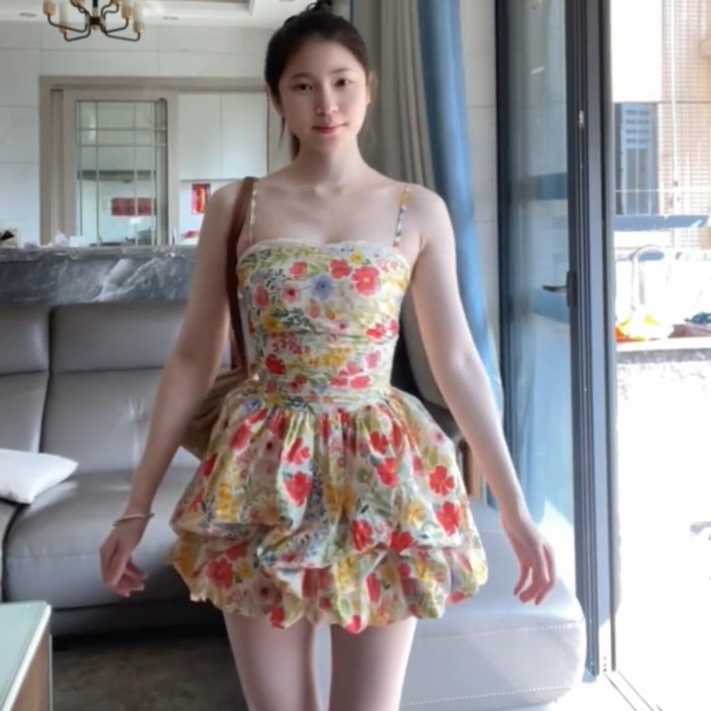 Dopamine Super Fairy Floral Suspender Dress Summer New Seaside Vacation Bud Waist Fluffy Short Skirt