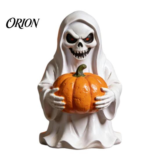 Cute Ghost Figurine for Home Halloween White Pumpkin Resin Statue, Spooky Holding Mini Unique Sculpture Office Garden Yard Tabletop Mantel Decor