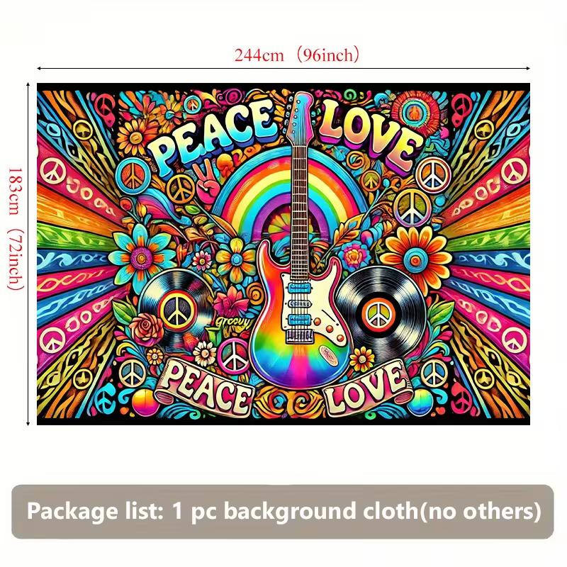 Lebendiger Psychedelischer Peace Love Wandteppich, Hippie Musik Wanddekoration mit Gitarre & Regenbogen für Schlafzimmer