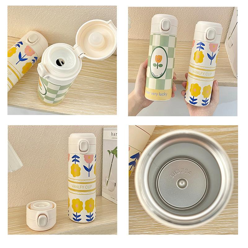 500ML Nerezový Termohrnek Roztomilé Lahve na Vodu s Krytem se Slámkou Tulipánový Hrnek Ohřívací Hrnky na Kávu Čaj Mléko Termoska