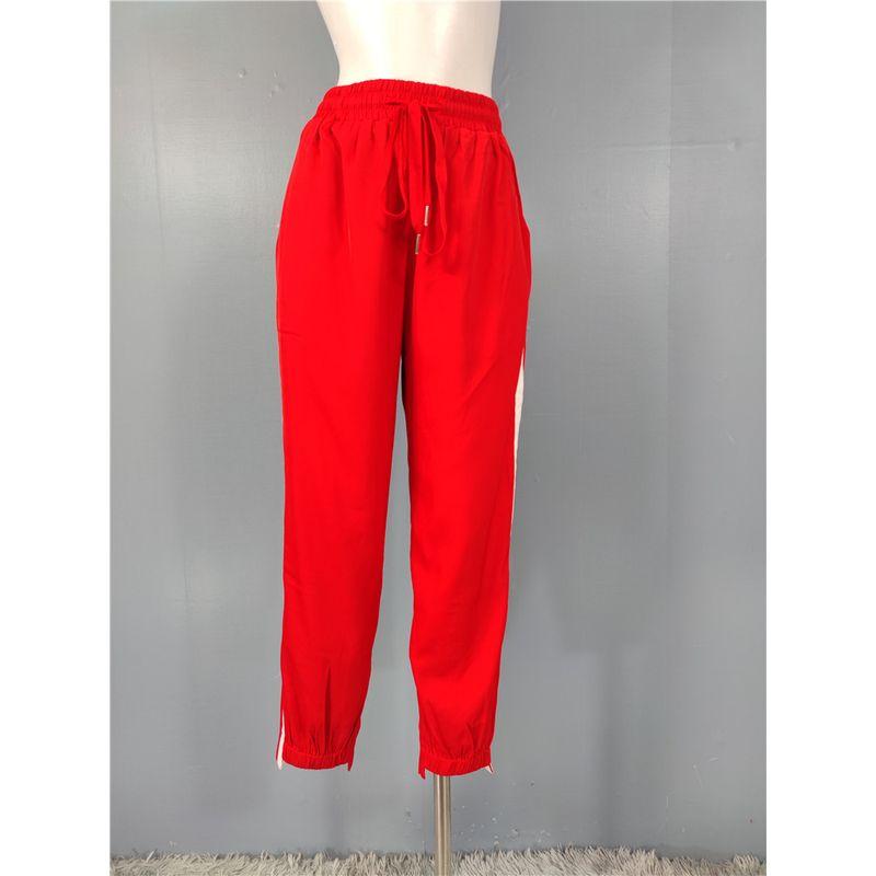 

2025 Новое поступление Узкая версия Брюки с манжетами на щиколотках с высокой талией и эффектом похудения Контрастные по цвету красные и белые Брюки с эластичной талией Повседневные брюки для отпуска Red 3 XL