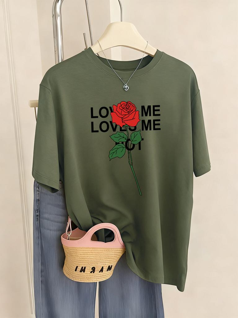 Loved Me Rose Flower Printed TShirts Women Casual ONeck Short Sleeve Tops Comfortable Loose T Shirt Summer Soft Womans Clothes