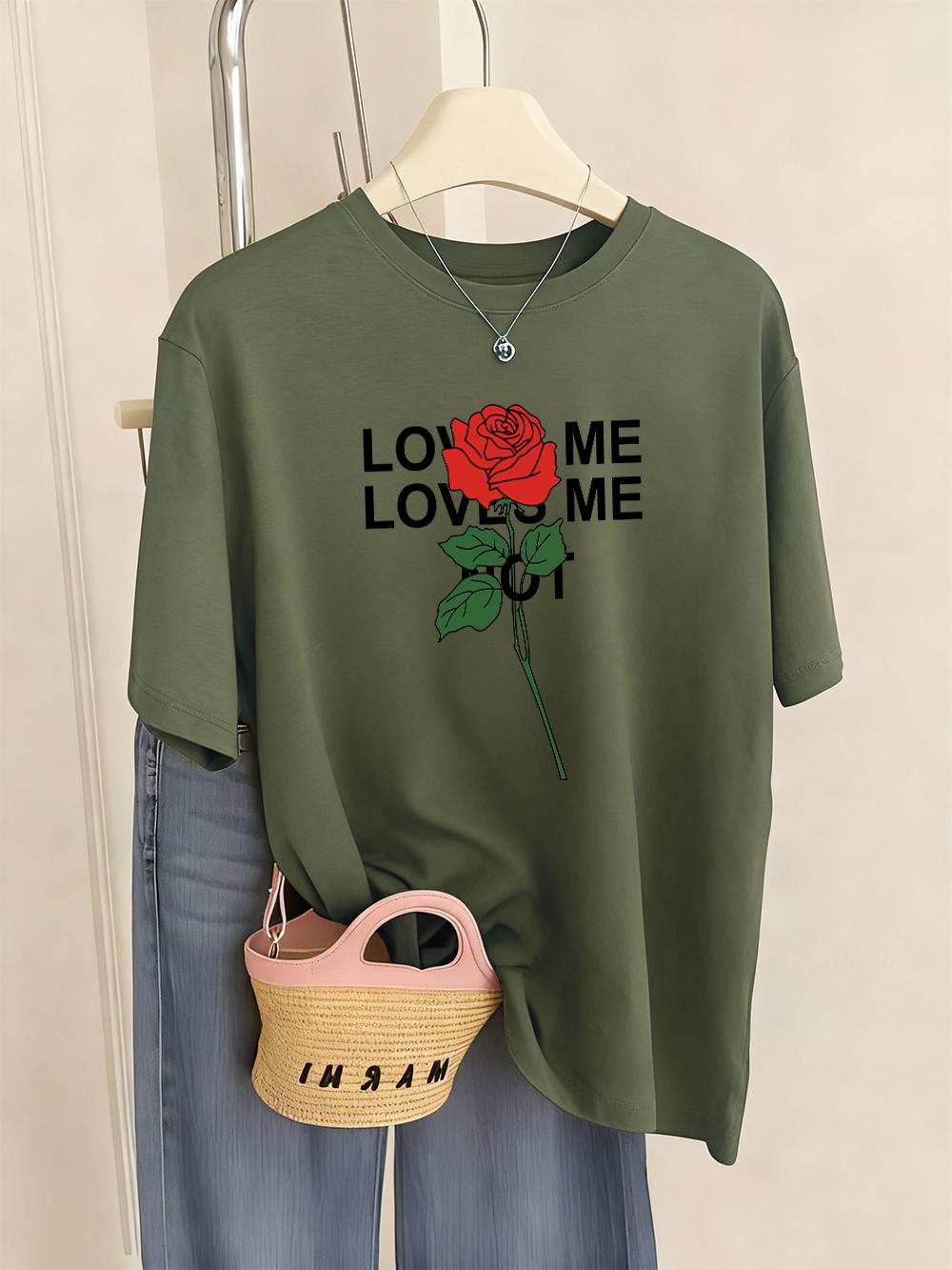 

Loved Me Rose Flower Printed TShirts Women Casual ONeck Short Sleeve Tops Comfortable Loose T Shirt Summer Soft Womans Clothes S