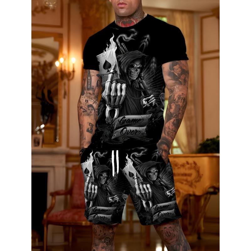 Men s Contrast Logo Skull Print 3D Pattern Summer Casual Sports Suit S