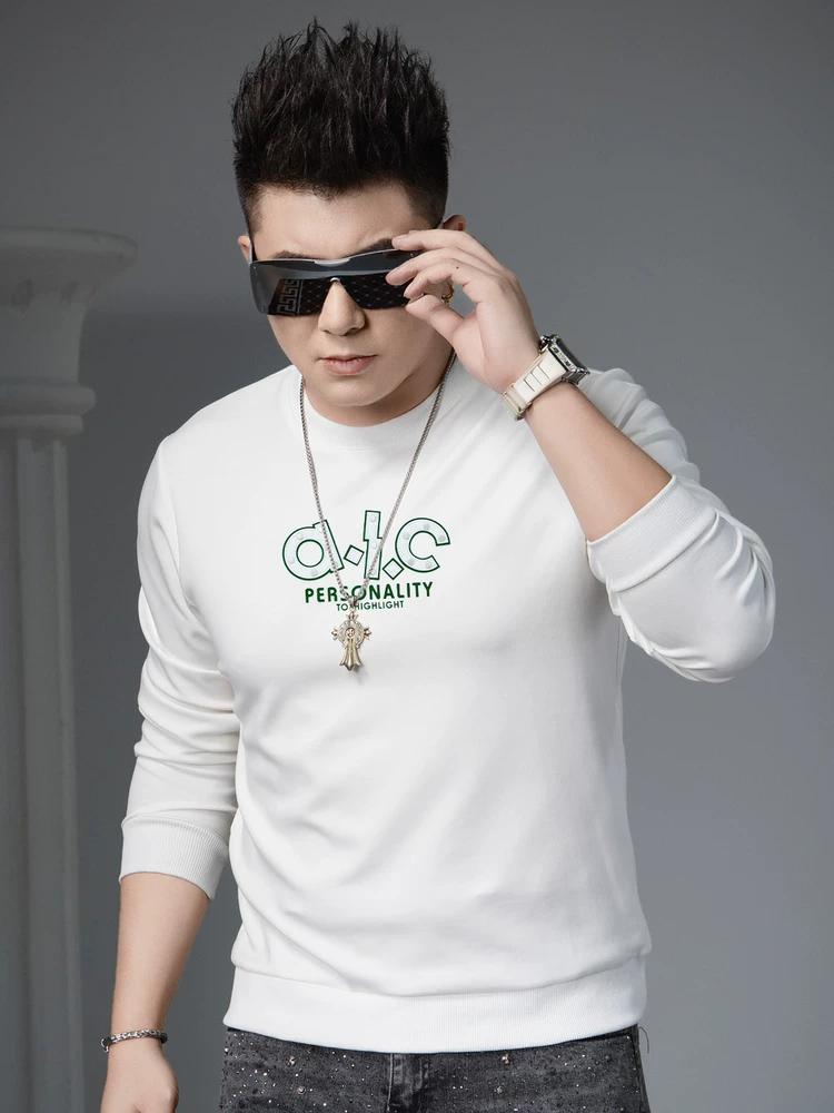 Ozhouzhan 2025 Autumn New Trend Letter Print round Neck Hoodie Men's Long sleeve Bottoming Shirt Casual Top