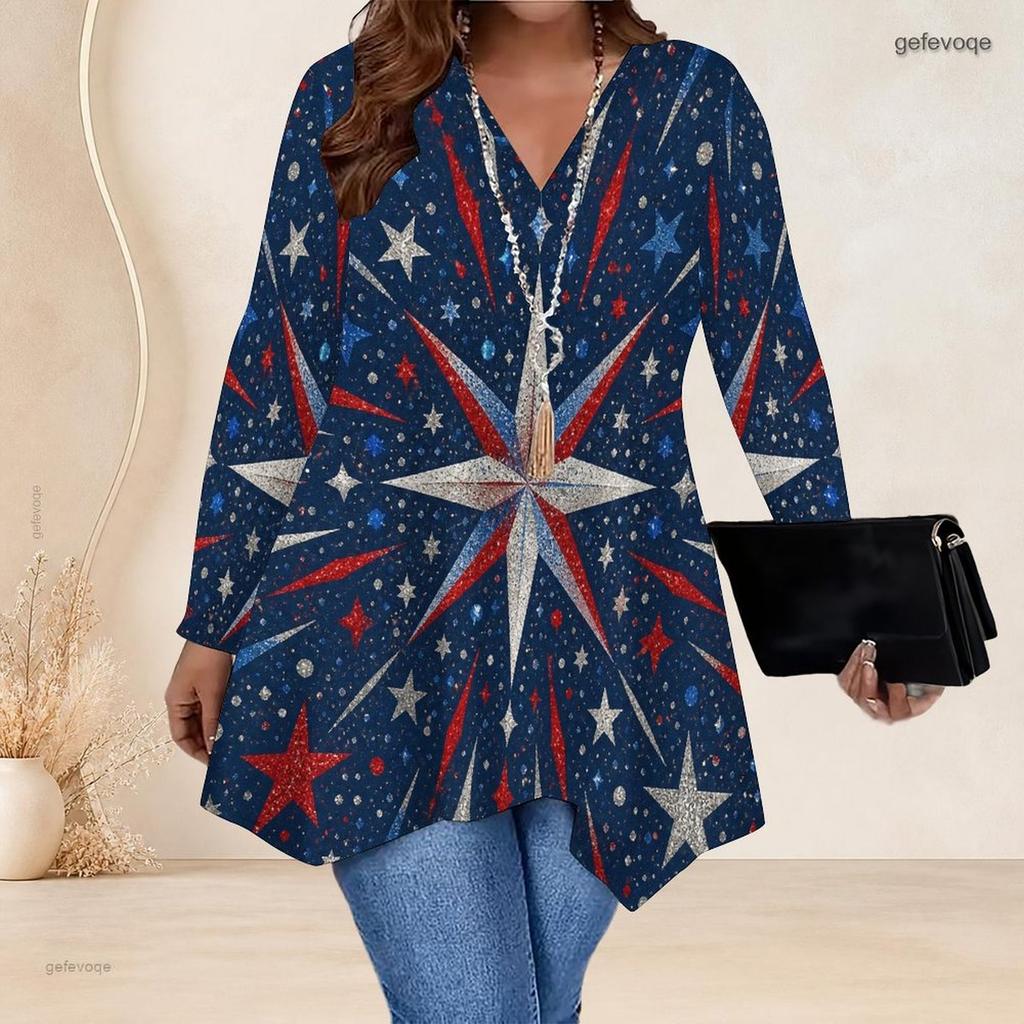 Plus Size Women V Neck Long Sleeve Loose Fashion Blouse With Irregular Split Hem Design