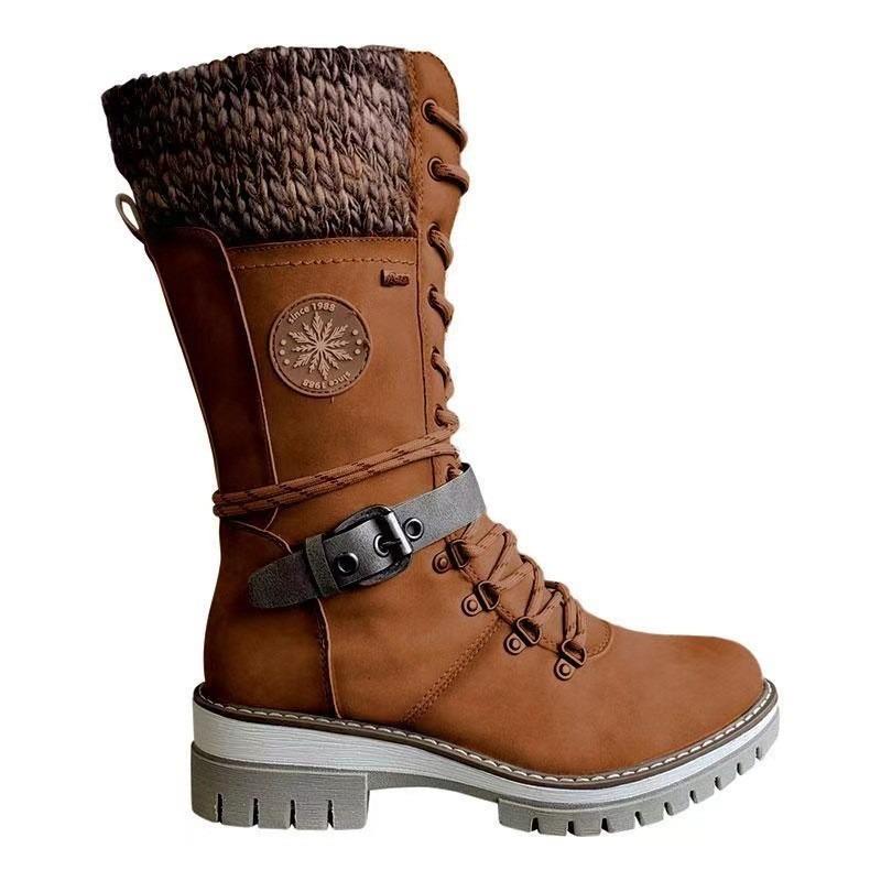 Women's Chunky Cotton Boots Winter New Round Head Suede Front Lace-up Side Zipper Platform High Boots