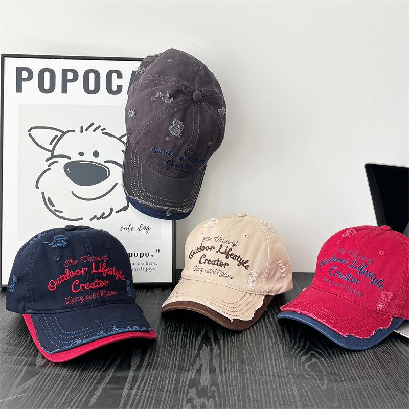New Ripped Hole Wash Letter Embroidery Contrasting Color Design Baseball Hat Women's Outdoor Casual Soft Top Korean Embroidery Hat