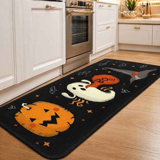 huaqianguhh 2Pcs/Set Halloween Kitchen Rugs, Anti Slip Absorbent Floor Mats, Pumpkin Black Cat Ghost Designs, Decorative Rugs for Living Room Bathroom