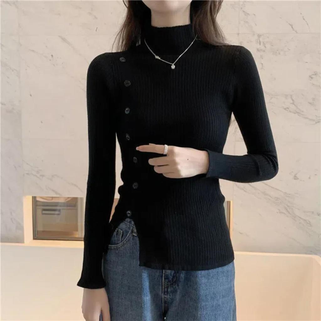 Pullocardi Knit Long High Pure Front Slim Black Women's Sweater, Sleeve, Turtleneck, Neck, Color, Buttons, Thin, Fit,