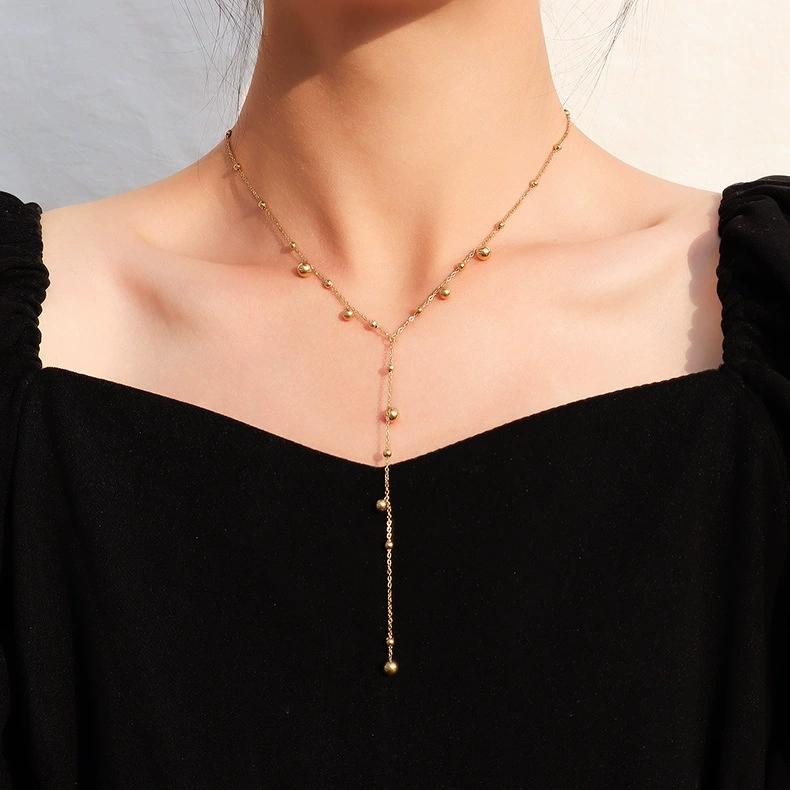 LT-P794 Ins Cold Style Trendy Bead Long Tassel Necklace Women's Collarbone Neck Chain Sweater Chain Stainless Steel Party