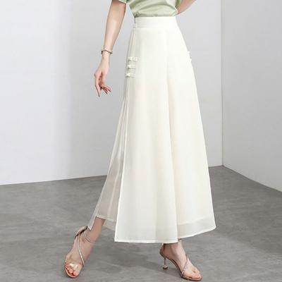 Women Chiffon Elastic High Waist Wide Leg Solid Casual Trousers Loose Fit Side Split Design Long