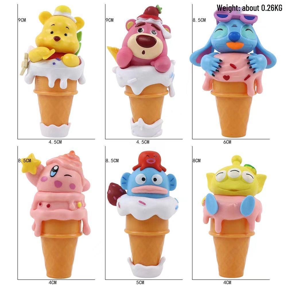 Big Star Ice Cream Cones 6-Piece Set: Trendy Anime Figures - Winnie, Strawberry Bear, Stitch, and Three-Eyed Monster