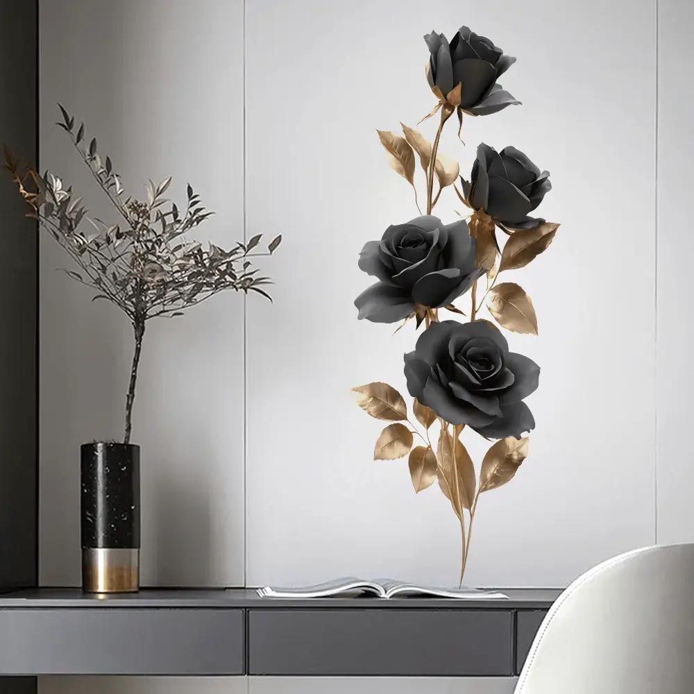 Black Rose And Gold Leaf Wall Sticker Light Luxury Living Room Entryway Self Adhesive Wallpaper