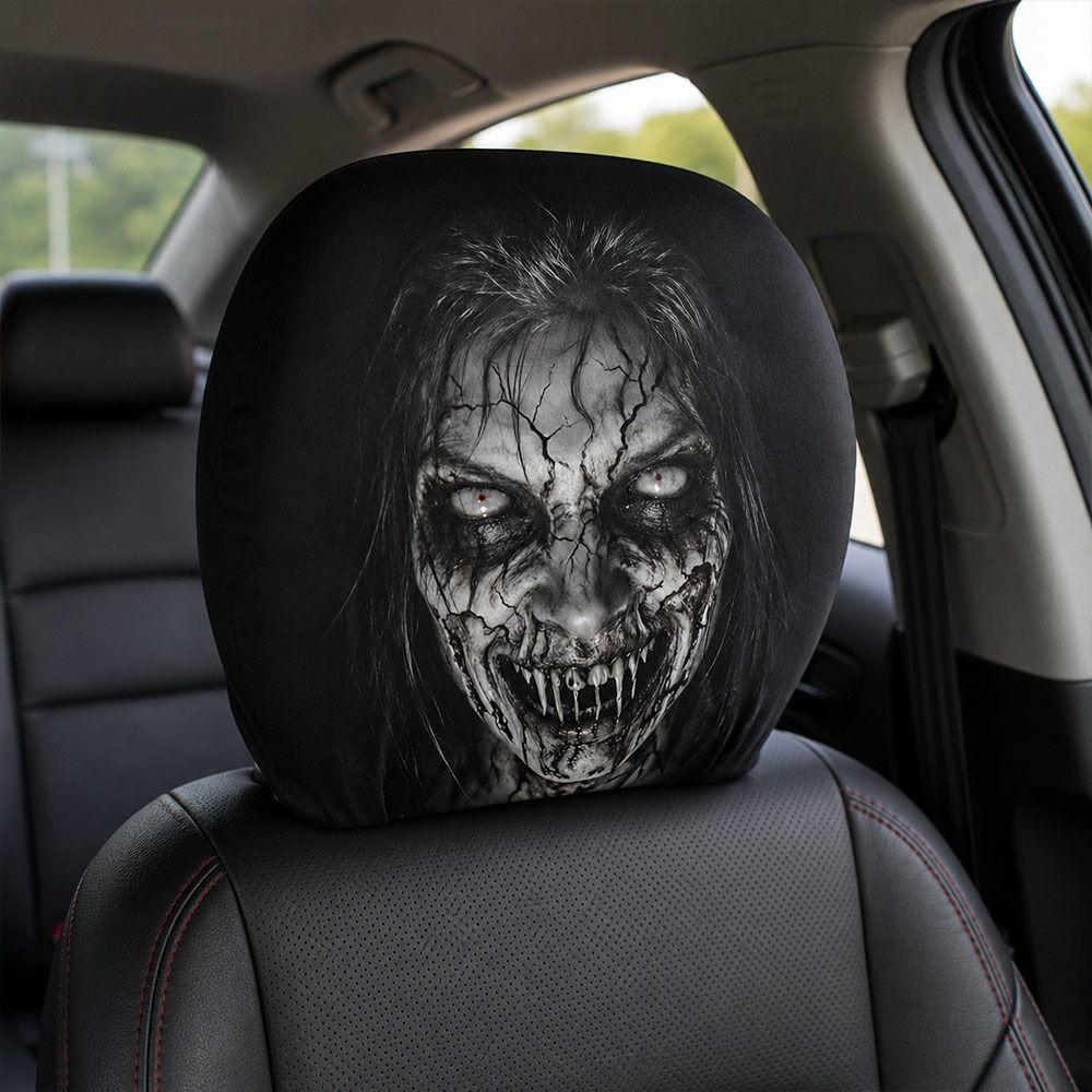 2Pcs Black Car Seat Cover Scary Face Printing Car Headrest Protector Car Headrest Cover Halloween