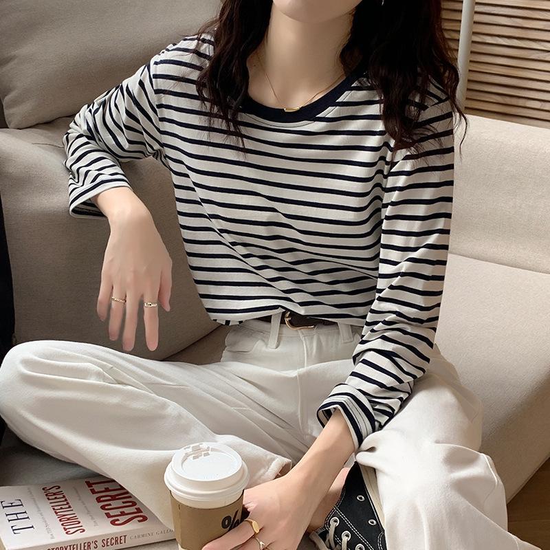 

Women s Pure Cotton Striped Long Sleeve Round Neck Top - Spring Casual Loose Fit S (40-50 kg)
