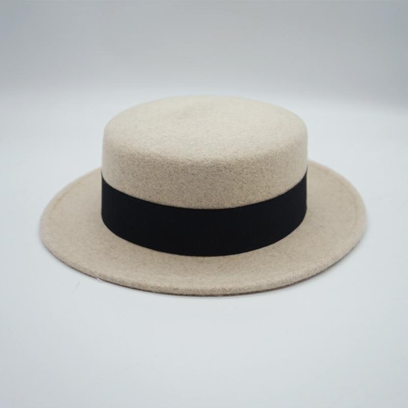 Beige Elegant Retro French Wool Flat Top Top Top Hat Women'S Autumn And Winter Japanese Korean Felt Wide Eaves British Flat Eaves