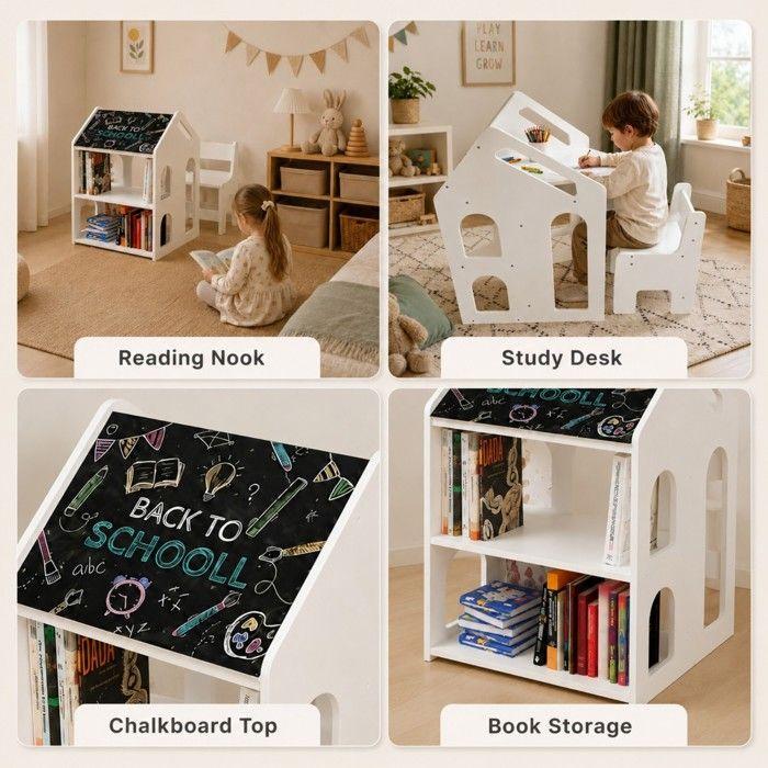 GINGER HOME Children's Desk House with Chair, Shelf and Blackboard, White Solid Wood and MDF Montessori Table, 55x51x69 Cm