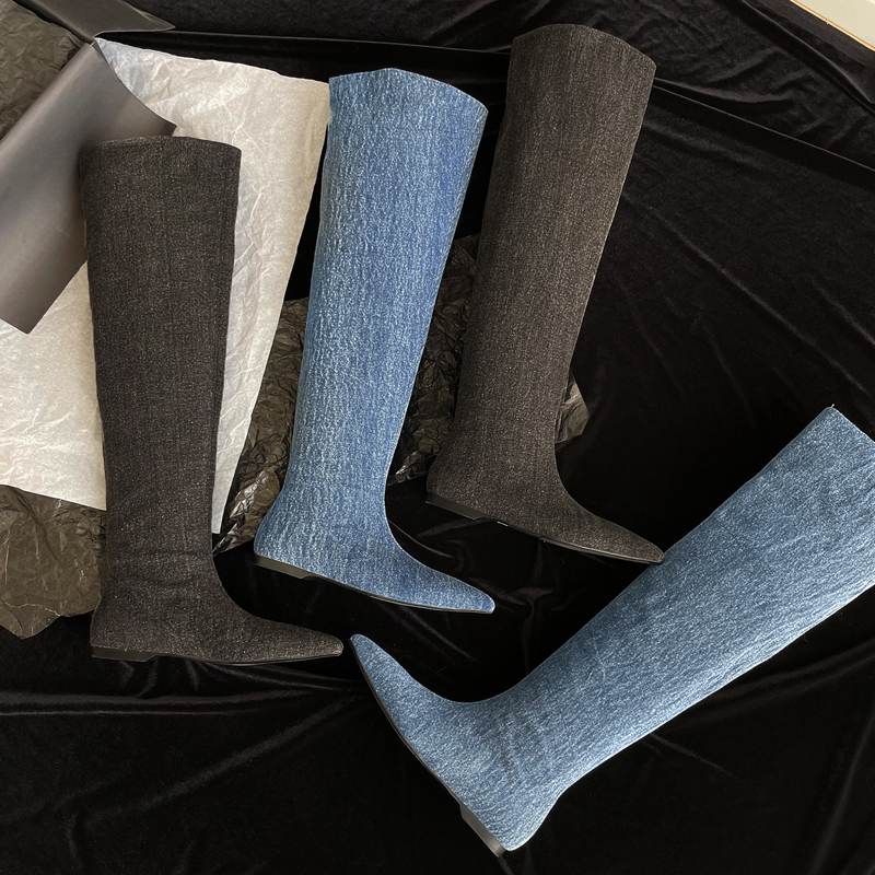 Krazing Pot Denim Jeseň Zima Špicatá špička Hrubé nízke podpätky Západné čižmy na zips Dámske vysoké čižmy v punkovom štýle